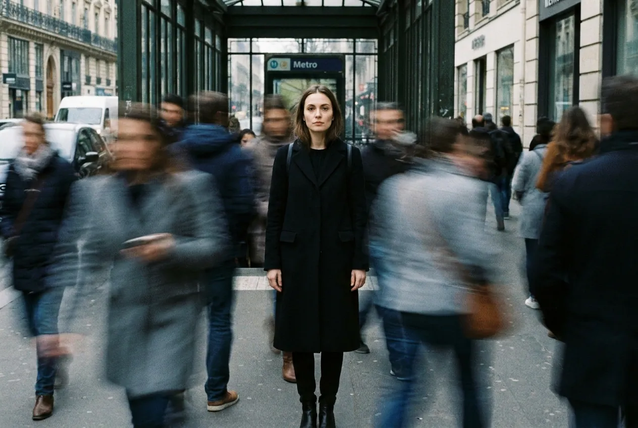 AI-generated illustration of a woman standing still in the middle of a blurred, moving crowd.