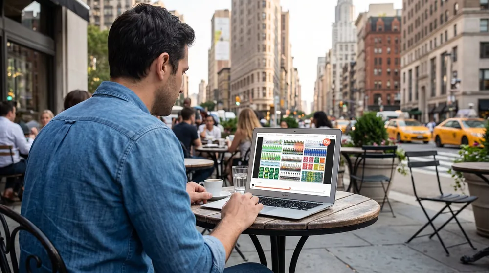 Man at an outdoor cafe table with a laptop showing the RealEye study dashboard